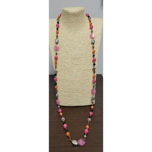 Long Vintage Pink Orange Black Lucite Plastic Bead Silver Tone Necklace 44"